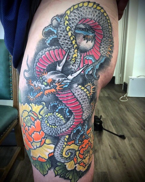 Multi Colored Dragon Tattoo Womens Thighs