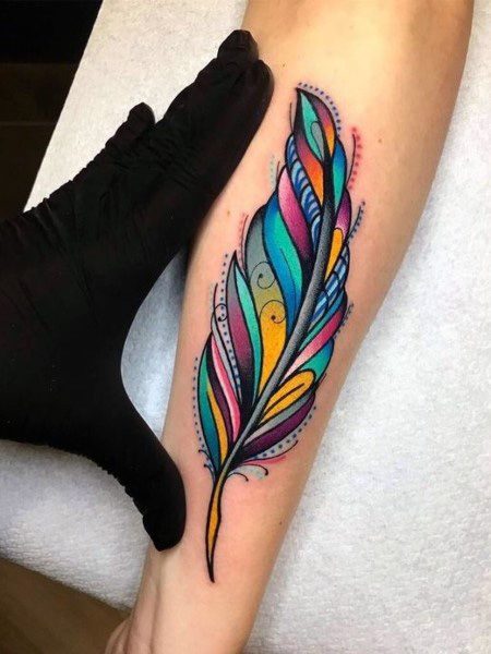 Multi Colored Feather Tattoo For Women