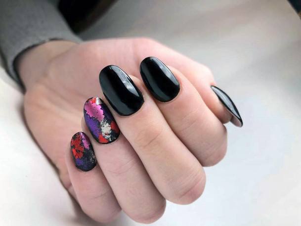 Multi Colored Foil On Black Nails Women