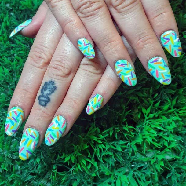 Multi Colored Lines On Cool Green Summer Nails