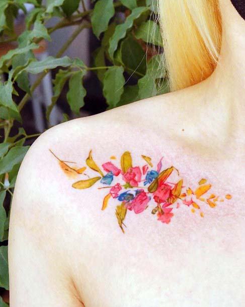 Mustard Yellow Leaved Florals Tattoo Womens Collarbone