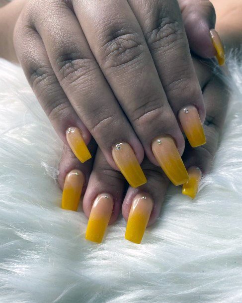 Mustard Yellow Ombre Nails With Diamond For Women