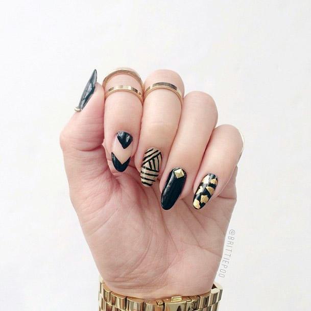 Mutiple Design Black And Gold Nails