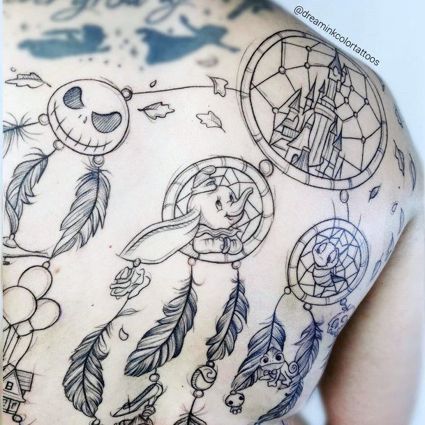 Mutiple Dream Catcher Tattoos Womens Back Art