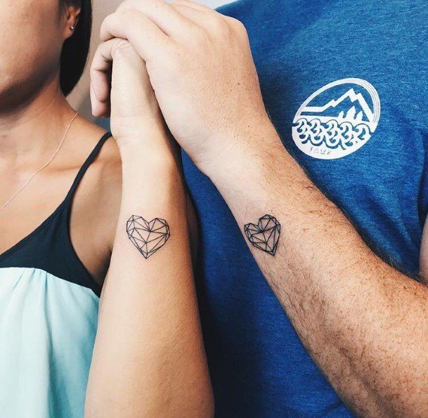 Mutli Faceted Jewel Heart Tattoo Couples Forearms