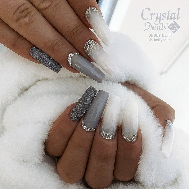 Nail Ideas Grey With Glitter Design For Girls