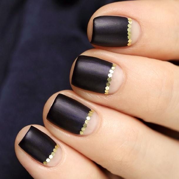 Nail Ideas Matte Black And Gold Design For Girls