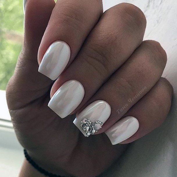 Nail Ideas Womens White With Rhinestones Design