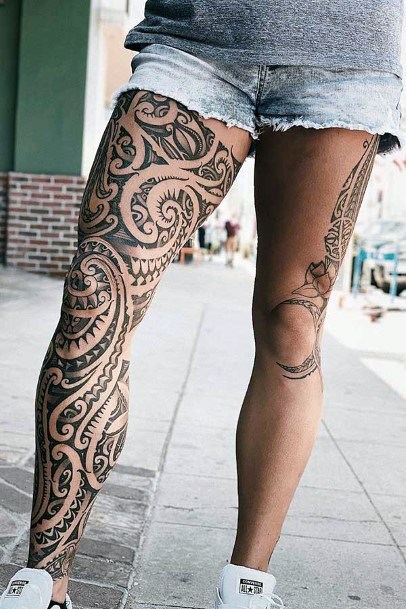 Native Tribal Tattoo Women Legs