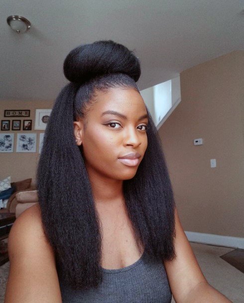 Natural Hairstyles For Black Women Long Hair Half Up Large Bun