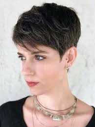 Natural Side Swept Ashy Black White Highlighted Pixie Womens Hairstyle