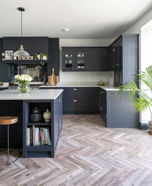 Natural Wood Herringbone With Black Cabinets Kitchen Flooring Ideas