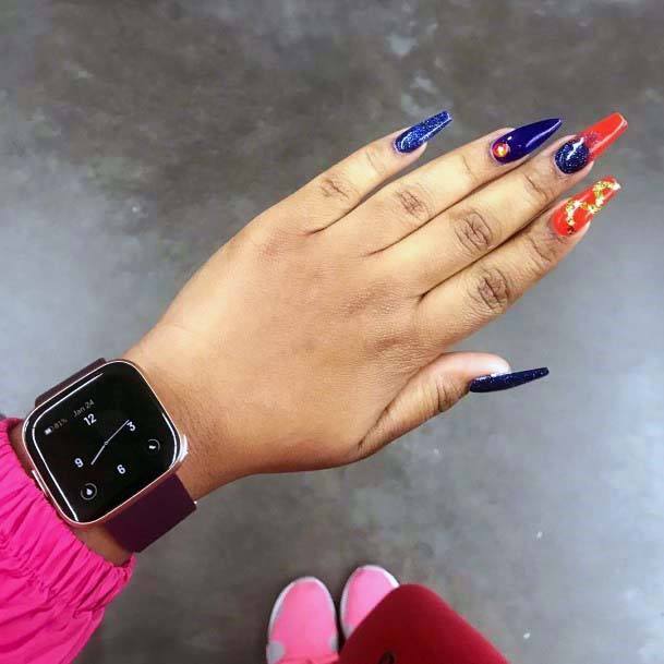 Navy Blue And Golden Orange Nails Long Art For Women