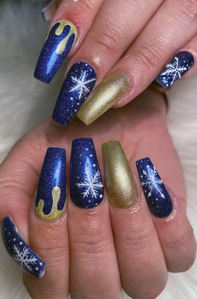 Navy Blue And Golden Snow Nails Women