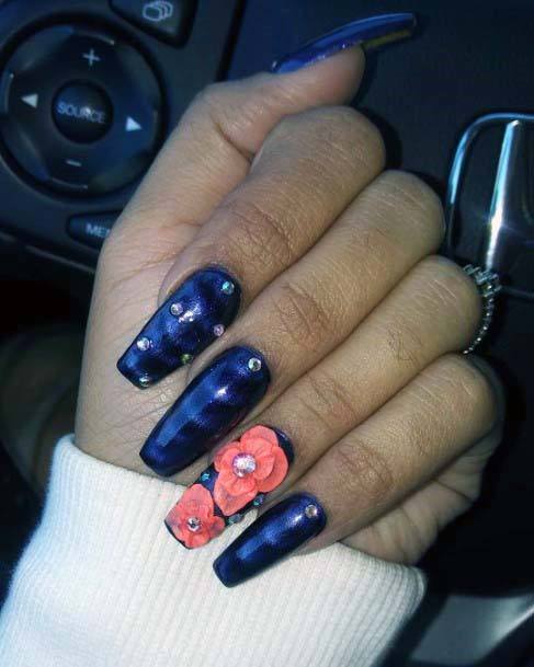 Navy Blue And Orange Flowers Nails For Women