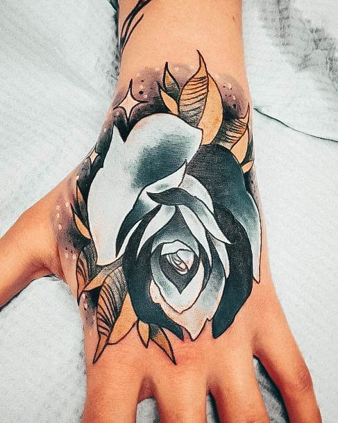Navy Blue And White Neat Rose Hand Tattoo On Female