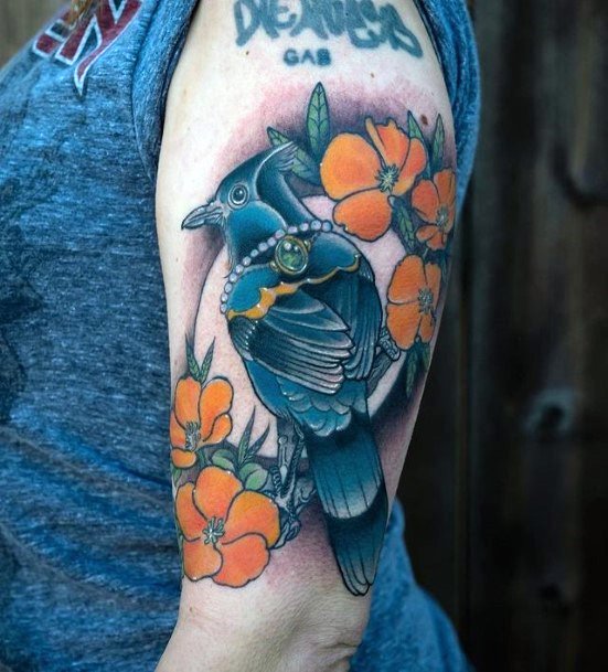 Navy Blue Bird And Orange Flowers Tattoo Womens Arms