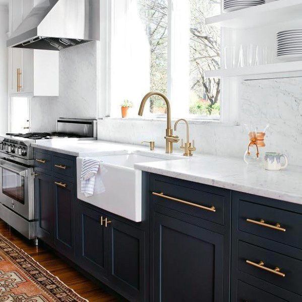 Navy Blue Cabinets Kitchen Ideas With Copper Hardware