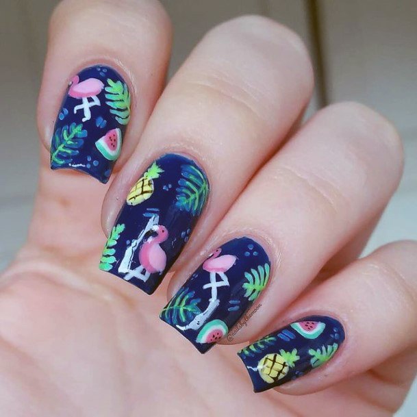 Navy Blue Flamingo Nails Women