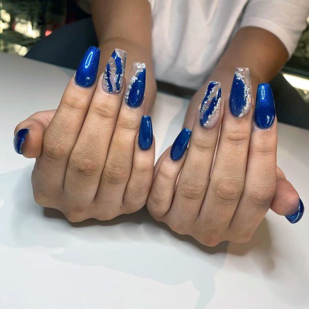 Navy Blue Nails With Silver Design Women