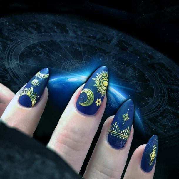 Navy Blue Sky With Moon Design On Nails