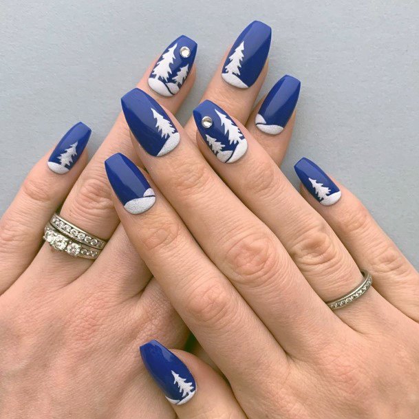 Navy Blue Skyline With White Festive Trees Landscape Art On Nails For Women