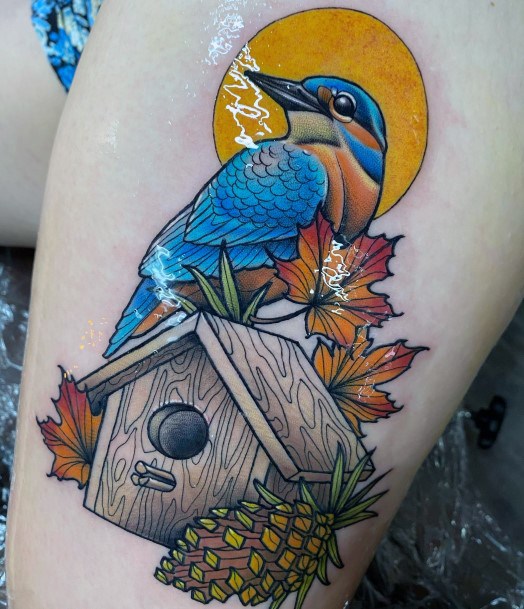 Neat Birdhouse Tattoo On Female