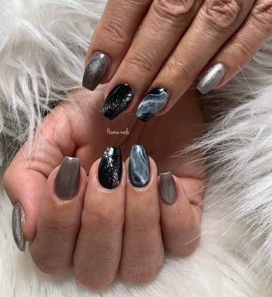 Neat Black And Grey Nail On Female