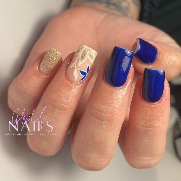 Neat Blue And Gold Nail On Female