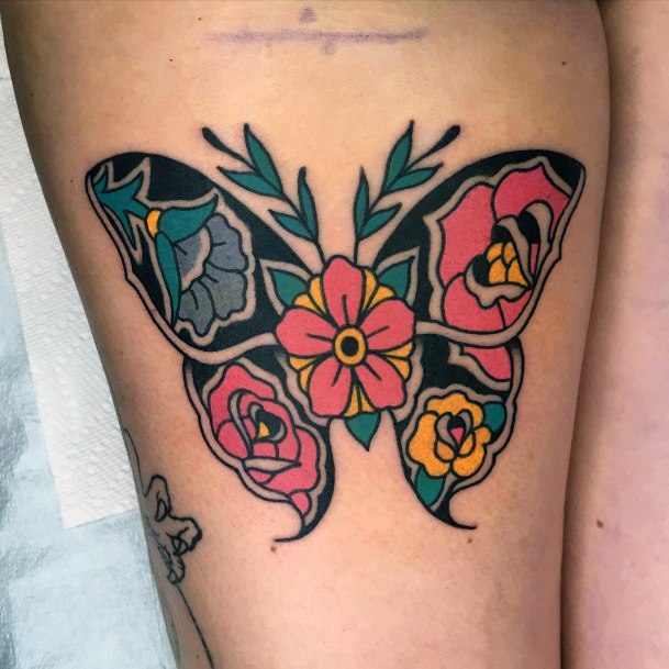 Neat Butterfly Flower Tattoo On Female