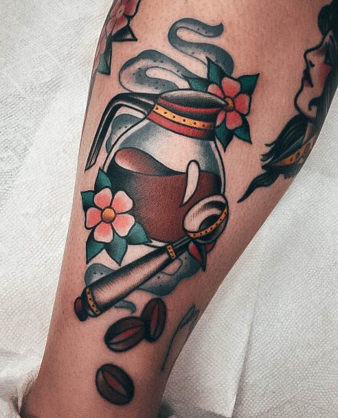 Neat Coffee Pot Tattoo On Female