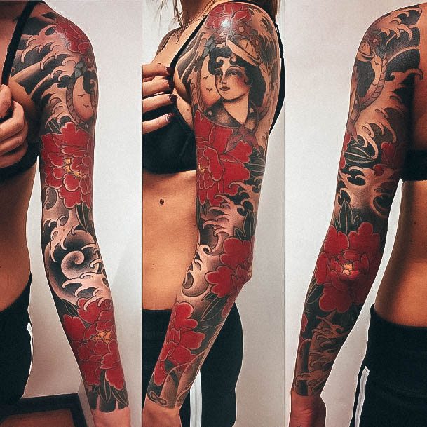 Neat Full Sleeve Tattoo On Female