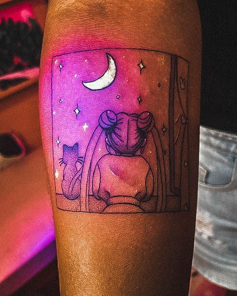 Neat Glow In The Dark Tattoo On Female Moon Stars