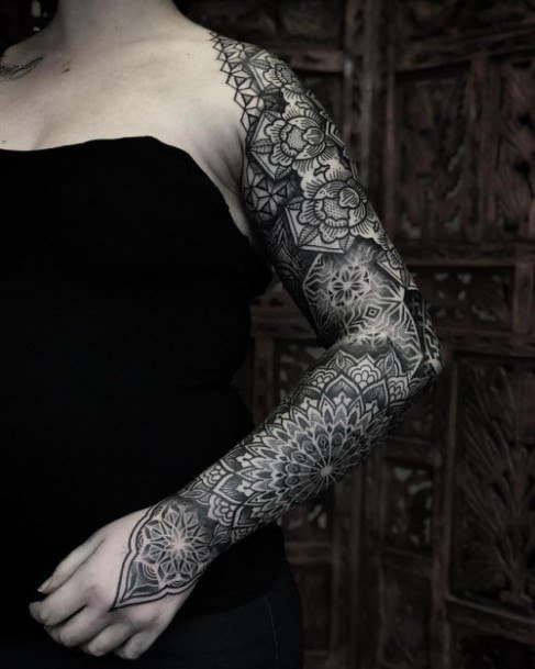 Neat Mandala Tattoo On Female Sleeve