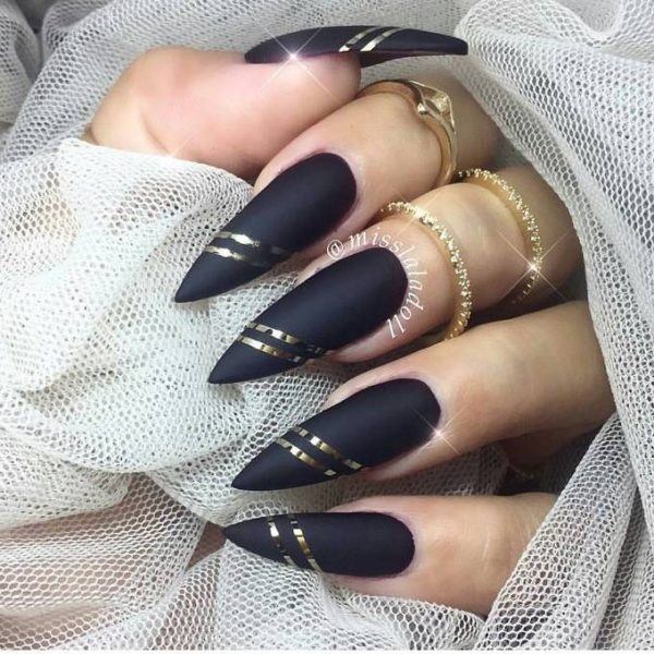 Neat Matte Black And Gold Nail On Female