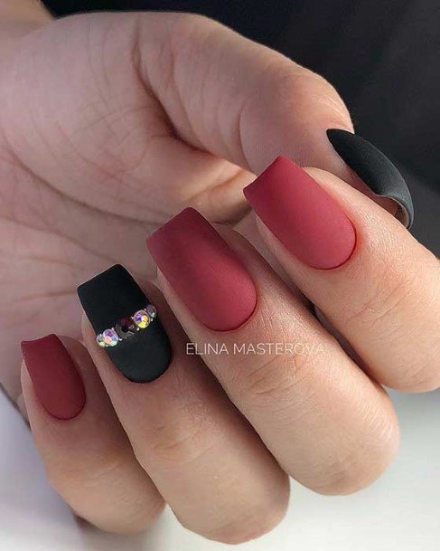 Neat Red And Black Matte Nail On Female