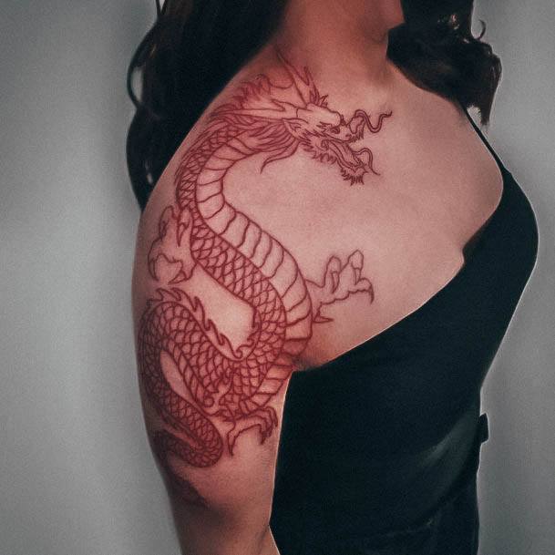 Neat Red Dragon Tattoo On Female