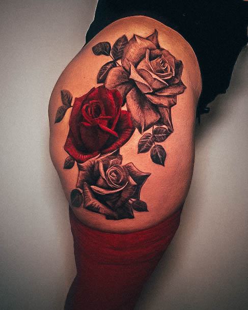 Neat Rose Thigh Tattoo On Female