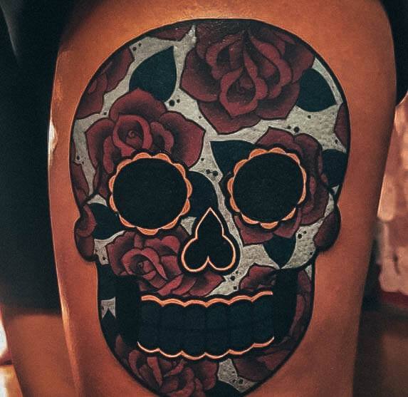 Neat Sugar Skull Tattoo On Female