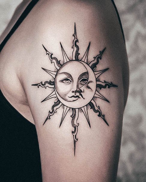 Neat Sun And Moon Tattoo On Female