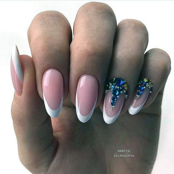 Neat White With Rhinestones Nail On Female