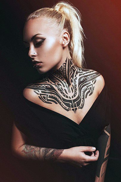 Neck And Shoulder Tribal Black Tattoo For Women