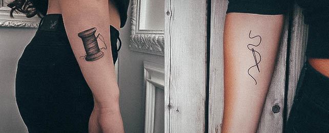Needle Thread Tattoo On Back Shoulder