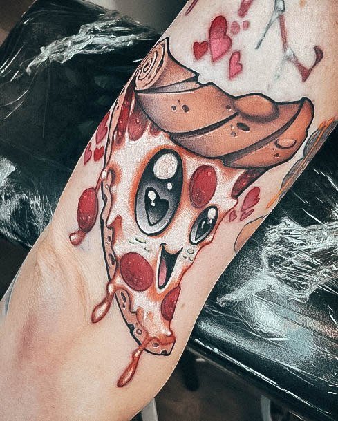 Neo Traditional Smiling Arm Pizza Tattoo Design Inspiration For Women