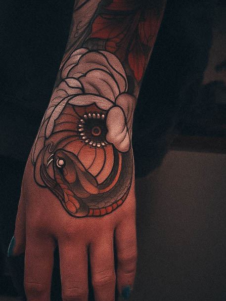 Neo Traditional Tattoo For Ladies Hand Snake