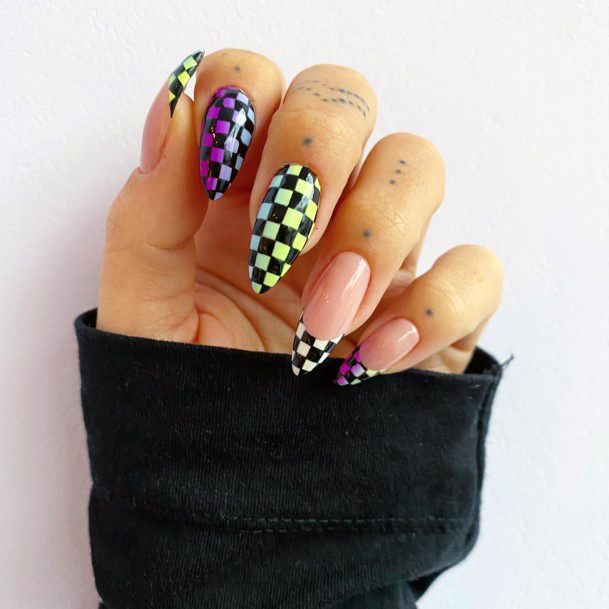 Neon Green Checkered Nails Women