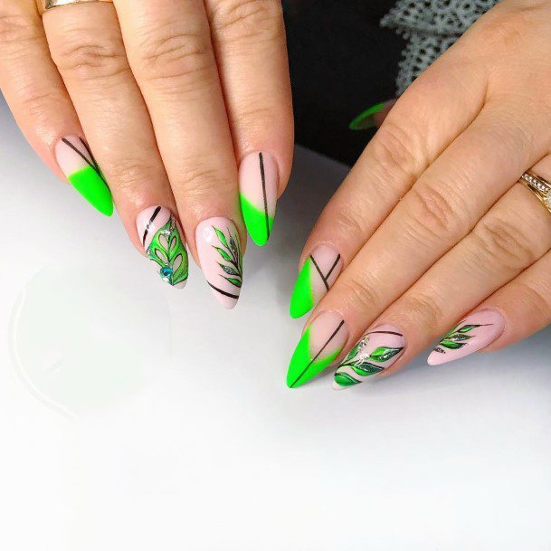 Neon Green Leaf Design On Nails