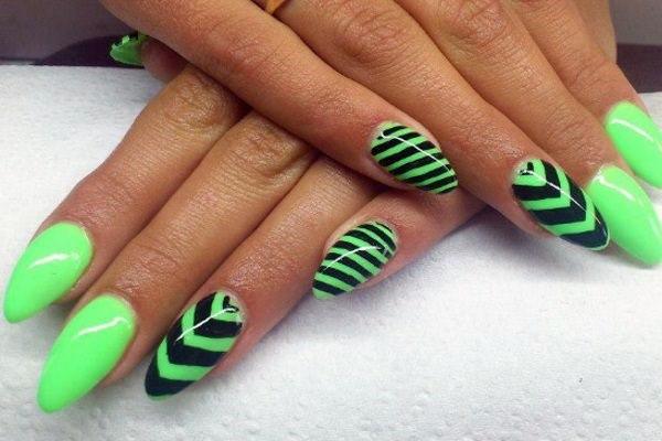 Neon Green Nails With Black Chevron