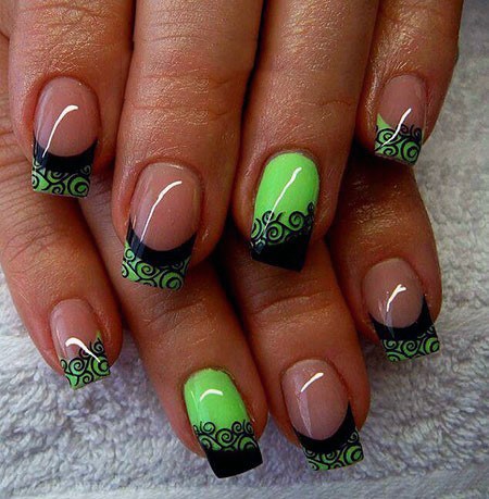 Neon Green Nails With Black Lace Art