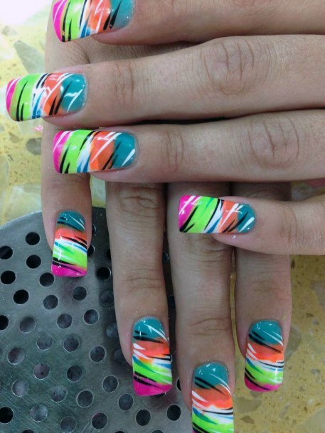 Neon Green Rainbow Art On Nails